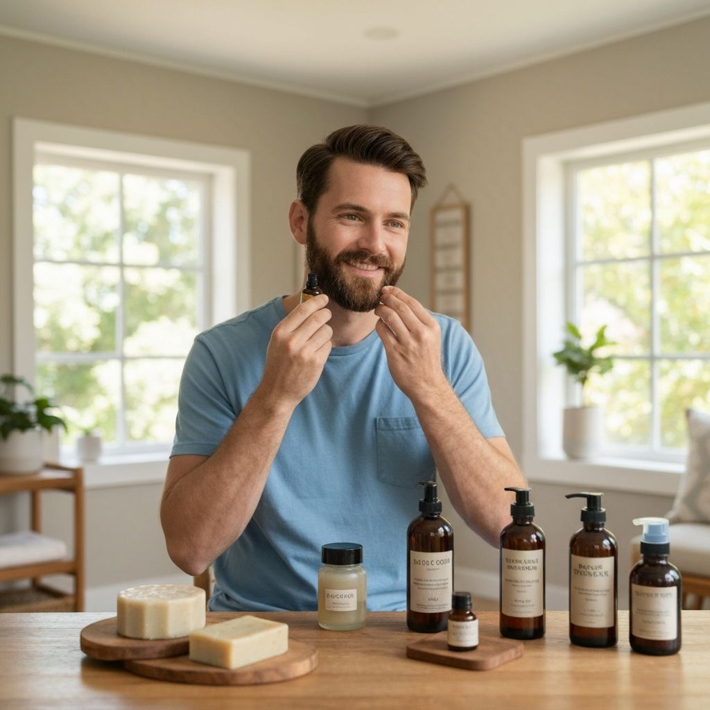Man in morning wellness routine with natural care products